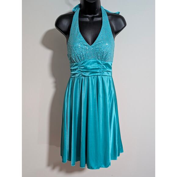 A.Byer Teal Blue Shimmer Halter Top Knee Length Semi Formal Dress Small - Picture 1 of 6